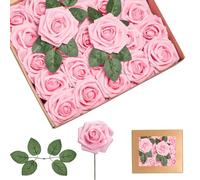 yayafunfun 25 Rosas Artificiales de Color Rosa, Rosas de Espuma de Tacto Real a Granel con Tallos para Novia, Baby Shower, tumbas, San Valentín, Navidad y decoración de Boda