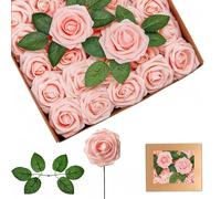 yayafunfun 25 Rosas Artificiales de Color Rosa tierno, Rosas Artificiales de Espuma de Tacto Real a Granel con Tallos para Novia, Baby Shower, tumbas, San Valentín, Navidad y decoración de Boda