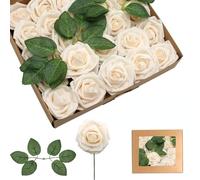 yayafunfun 25 Rosas Artificiales de Espuma Color champán, Rosas de imitación de Tacto Real con Tallos para Novia, Baby Shower, tumbas, San Valentín, Navidad y decoración de Boda