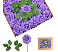 yayafunfun: 25 Rosas Artificiales moradas, Rosas de Espuma de Tacto Real a Granel con Tallos para Novia, Baby Shower, tumbas, San Valentín, Navidad y decoración de Boda