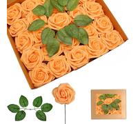 yayafunfun 25 Rosas Artificiales Naranjas, Rosas de Espuma de Tacto Real con Tallos para Novia, Baby Shower, tumbas, San Valentín, Navidad y decoración de Boda