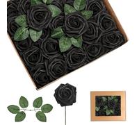 yayafunfun 25 Rosas Artificiales Negras, Rosas de imitación de Tacto Real con Tallos para Novia, Baby Shower, tumbas, San Valentín, Navidad y decoración de Boda