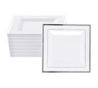 YAYODS 30 platos de plástico reutilizables - 16,5 cm - Platos de pastel blancos - Platos cuadrados con borde plateado - Platos pequeños - Platos de desayuno de plástico - Juego de platos de plástico