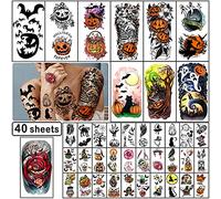 Yazhiji 40 hojas de Tatuajes Temporales de Halloween Calabaza bruja Tatuaje de Calavera de azúcar mujeres hombres niños y niñas, kit de maquillaje de zombies de Halloween Tatuajes Impermeables