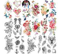 Yazhiji 41 hojas de tatuajes temporales de flores para mujeres adultas, tatuajes falsos sexys con palabras de mariposas, plumas y pájaros para niñas