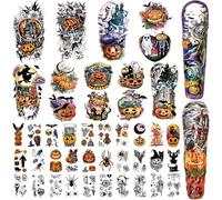 Yazhiji 44 Hojas Halloween Brazo Completo Tatuajes Temporales Calabaza Bruja Azúcar Calavera Tatuaje para Mujeres Hombres Niños y Niñas Zombie Maquillaje Kit, Cicatriz Tatuajes Impermeables