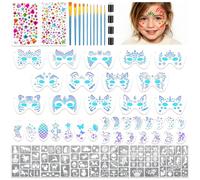 Yazhiji Kit de 58 plantillas de pintura facial. Incluye 36 plantillas reutilizables, 6 hojas de pegatinas para tatuajes, 10 pinceles, 2 gemas adhesivas y 4 esponjas para maquillaje de Halloween, festi
