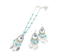 YAZILIND Conjunto de collar y aretes con borlas de plumas boho - Joyería colorida con cuentas para mujer (plata)