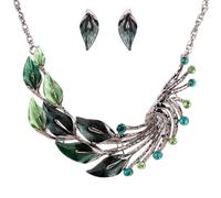 YAZILIND estilo étnico tibetano de plata verde cristalino del pavo real fornido babero Pendientes Collar de la joyería