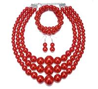 YAZILIND Mujeres Rojo de la Joyería de la Perla Set de 3 piezas Multi-Capa con Cuentas de Collar, Pulsera y Aretes Elegantes de la Declaración de la Joyería para Bodas, Fiestas y Ocasiones Formales