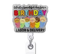 YAZMEEN Carrete retráctil para enfermeras con clip de cocodrilo, con texto en inglés "What A Beautiful Day for A Birthday ID Card Holder Funny Baby Silver Glitter Badge Reel Gift for L&D OB Medical