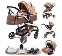 YAZOCO Carrito bebe 3 en 1 Plegable carro bebe 3 piezas compacto y reclinable silla de paseo, Accesorios de asiento, estante de vasos de agua, mosquitero (3 Caqui)