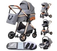 YAZOCO Carrito bebe 3 en 1 Plegable carro bebe 3 piezas compacto y reclinable silla de paseo, Accesorios de asiento, estante de vasos de agua, mosquitero (4 Gris)