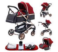 YAZOCO Carrito de Bebé 3 en 1, Cochecito de Bebé Combinado Compacto Todoterreno Lujoso Paisaje Alto Cuatro Veces 0-36 Kg Sillas de paseo BastóN Plegable Accesorios CóModos (3 Rojo)