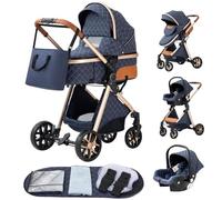 YAZOCO Cochecito De Bebé 3 En 1, Cochecito De Bebé Combinado Compacto Todoterreno Lujoso Paisaje Alto Cuatro Veces 0-36 Kg (Azul)