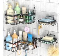 Yazoni Estantería de ducha esquinera, 4 unidades, sin taladrar, con soporte para jabón, organizador de baño de acero inoxidable con 8 ganchos para baño, cocina y salón (negro)