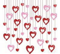 YAZWUR 36 piezas guirnalda de corazones, guirnalda de corazones con brillo, adornos colgantes en forma de corazón para bodas, San Valentín, Navidad, fiestas de cumpleaños (rojo y rosa)