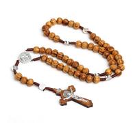 YAZWUR Collar de Rosario Católico con Cuentas de Madera Natural y Cruz de San Benito con Jesús. Ideal para Sacramentos Católicos, Bautizos, Misas y Lecturas Bíblicas.