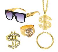 YAZWUR Conjunto de 5 piezas de ropa de estilo gangster, atuendo Hip-Hop para hombres, cadena dorada, gafas de sol, collar y anillo con símbolo de dólar, ideal para fiestas de carnaval (Oro)