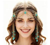 YAZWUR Diadema estilo bohemio de varias capas con diseño gitano, inspirada en festivales y bodas, accesorio para la cabeza de adivina (con borlas doradas y turquesas)
