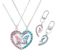 YAZWUR Set de 4 piezas de amor con mariposas - 2 collares magnéticos BFF + 2 llaveros a juego, regalo de amistad, aleación (cadena de 45 cm) (Rosa y Azul)
