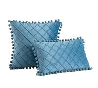 YB-FCJKPA Funda de Almohada Plisada de Terciopelo Pizca Diamante con Pompones, Funda de Cojín Pintuck Sólido para Cierre Oculto de Cremallera (Aqua Blue)