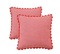 YB-FCJKPA Pack of 2 Checkered Yarn-dyed Throw Pillow Covers with Wavy Edge, Vintage Breathable Soft Plaid Pillowcase Decorative Cushion Covers for Home Decor (Red)