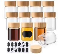 YBCPACK 12 botellas de cristal Mini Shot de vidrio de borosilicato con tapa de bambú de 60 ml - Incluye 12 etiquetas y bolígrafo | Apto para lavavajillas, reutilizable para jengibre, bebidas