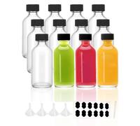 YBCPACK 12 botellas de cristal para rellenar, 60 ml, vasos de chupito con tapa con embudo, etiquetas y bolígrafo, pequeñas botellas de cristal para chupitos de jengibre, bebidas desintoxicantes y