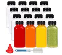YBCPACK 16 botellas de zumo de plástico de 250 ml para rellenar, reutilizables, vacías, incluye cepillo de limpieza y embudo de silicona, ideal para mini nevera y exprimidor de chupitos
