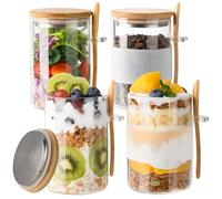 YBCPACK Overnight Oats - Juego de 4 tarros de cristal de 500 ml con tapa de bambú y cuchara, tarros de almacenamiento a prueba de fugas con anillo de silicona, vasos de cocina para cereales, yogur y