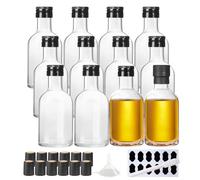 YBCPACK Paquete de 12 botellas de licor de vidrio de 100 ml con tapa de rosca negra, botella de vidrio pequeña vacía para alcohol, bebidas, mini botellas de vodka transparentes para recuerdos de
