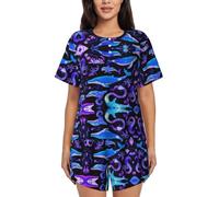 YBGHDAA Conjunto de pijama de manga corta para mujer, diseño de ballena oceánica, 2 piezas, suave, transpirable, con botones y pantalones cortos elásticos con cordón y bolsillos, Negro, XXL