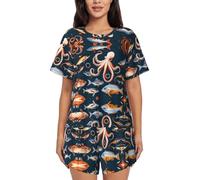 YBGHDAA Conjunto de pijama de manga corta para mujer, diseño de pez y pulpo, suave, transpirable, con botones y pantalones cortos elásticos con cordón y bolsillos, Negro, M