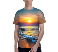 YBGHDAA Last Sun Rays of Over The Sea Waves - Camisa elástica suave para uso diario, camiseta con estampado completo, casual, cómoda, cuello redondo, manga corta, Negro, 3XL
