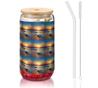 YBGHDAA Last Sun Rays of Over The Sea Waves Printing 1 vaso con tapas y popote, vasos de vidrio de 16 onzas, ideal para whisky, cerveza, té