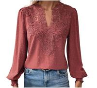 Ybing Blusa de encaje para mujer, elegante ribete de encaje, camiseta de manga larga, monocolor, cuello de pico, camiseta larga delgada, jacquard, blusa cómoda, manga larga, túnica fina, camiseta de