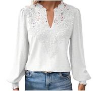 Ybing Blusa de encaje para mujer, elegante ribete de encaje, camiseta de manga larga, monocolor, cuello de pico, camiseta larga delgada, jacquard, blusa cómoda, manga larga, túnica fina, camiseta de