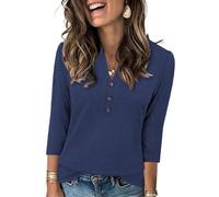 Ybing Blusa de manga 3/4 para mujer, ligera, monocolor, manga larga, holgada, cuello en V, con botones, informal, camiseta de manga larga, suave, parte superior cómoda, marine, S