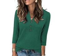 Ybing Blusa de manga 3/4 para mujer, ligera, monocolor, manga larga, holgada, cuello en V, con botones, informal, camiseta de manga larga, suave, parte superior cómoda, Verde militar., XXL
