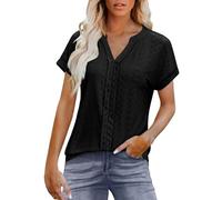 Ybing Blusa de mujer moderna con ojales, monocolor, cuello de pico, camiseta de verano, holgada, transpirable, ligera, manga corta, camiseta de verano, Negro , XL