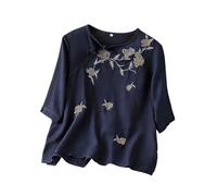 Ybing Blusa de muselina de manga 3/4 para mujer, elegante, con bordado de flores, blusa de lino y algodón, camiseta de manga larga, suave, cuello redondo, camiseta ligera de manga larga, blusa fina