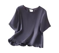 Ybing Blusa de muselina para mujer, elegante, con volantes, dobladillo de lino, con cordones, cuello redondo, parte superior, algodón y lino, camiseta holgada, manga corta, ligera, suave, blusa fina
