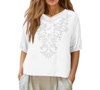 Ybing Blusa de muselina para mujer, elegante, cuello en V, blusa de lino, algodón y lino, camiseta informal, monocolor, suelta, manga corta, camiseta ligera, parte superior delgada, blusa, Blanco, L