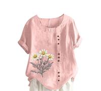 Ybing Blusa de muselina para mujer, elegante, estampado de flores, blusa de lino, camiseta informal de cuello redondo, camiseta holgada, manga corta, túnica, ligera parte superior fina, Rosa., XL
