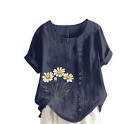 Ybing Blusa de muselina para mujer, elegante, estampado de flores, blusa de lino, camiseta informal de cuello redondo, camiseta holgada, manga corta, túnica, ligera parte superior fina, marine, M