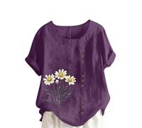 Ybing Blusa de muselina para mujer, elegante, estampado de flores, blusa de lino, camiseta informal de cuello redondo, camiseta holgada, manga corta, túnica, ligera parte superior fina, morado, 4XL