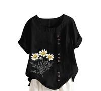 Ybing Blusa de muselina para mujer, elegante, estampado de flores, blusa de lino, camiseta informal de cuello redondo, camiseta holgada, manga corta, túnica, ligera parte superior fina, Negro , S