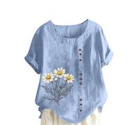 Ybing Blusa de muselina para mujer, elegante, estampado de flores, blusa de lino, camiseta informal de cuello redondo, camiseta holgada, manga corta, túnica, ligera parte superior fina, azul claro
