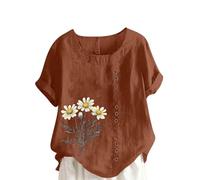 Ybing Blusa de muselina para mujer, elegante, estampado de flores, blusa de lino, camiseta informal de cuello redondo, camiseta holgada, manga corta, túnica, ligera parte superior fina, marrón, XXL